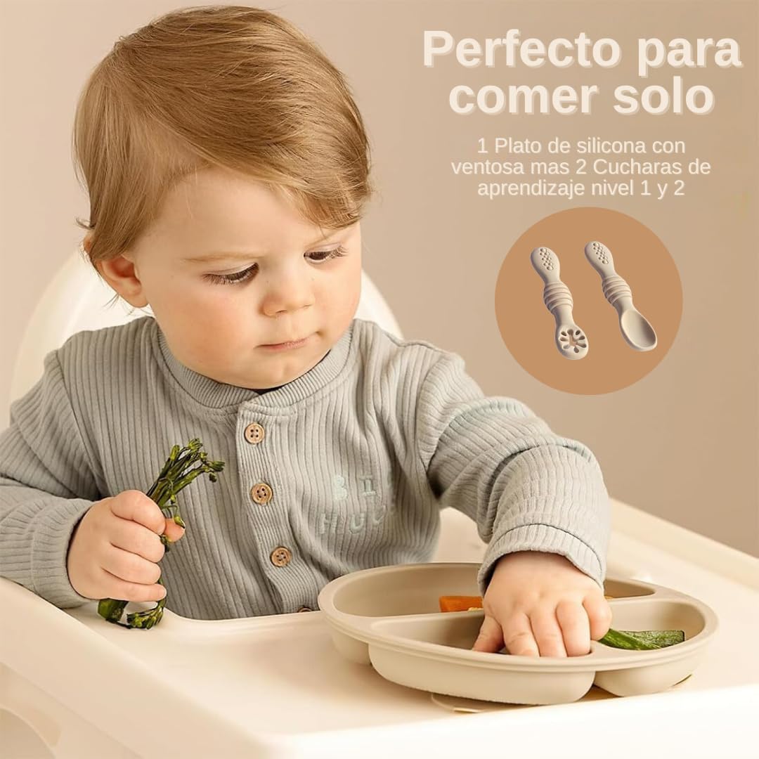 Plato BLW con Ventosa + 2 Cucharas de Aprendizaje